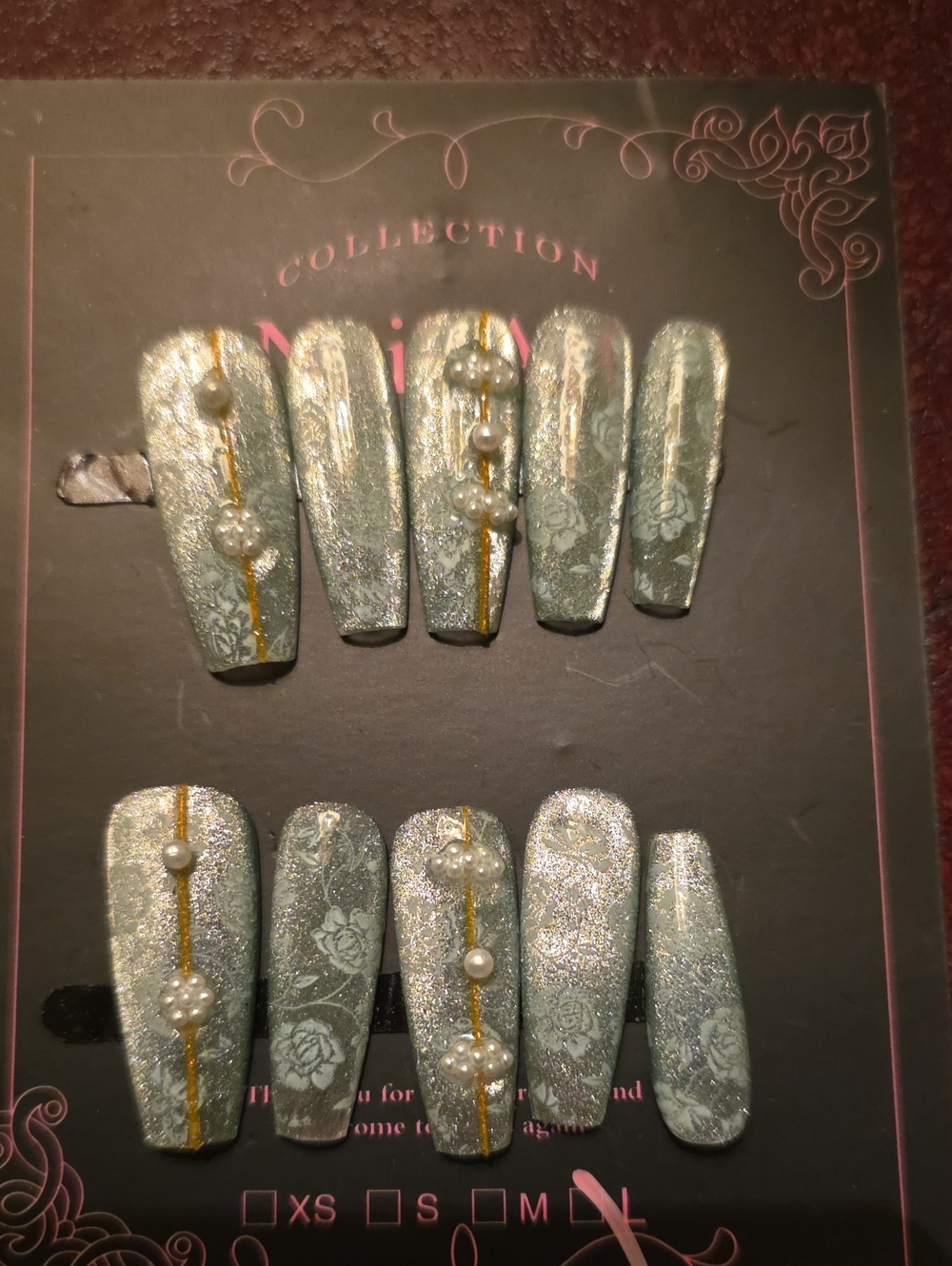 Pearl-Embellished Metallic Green Press-On Nails Size Large